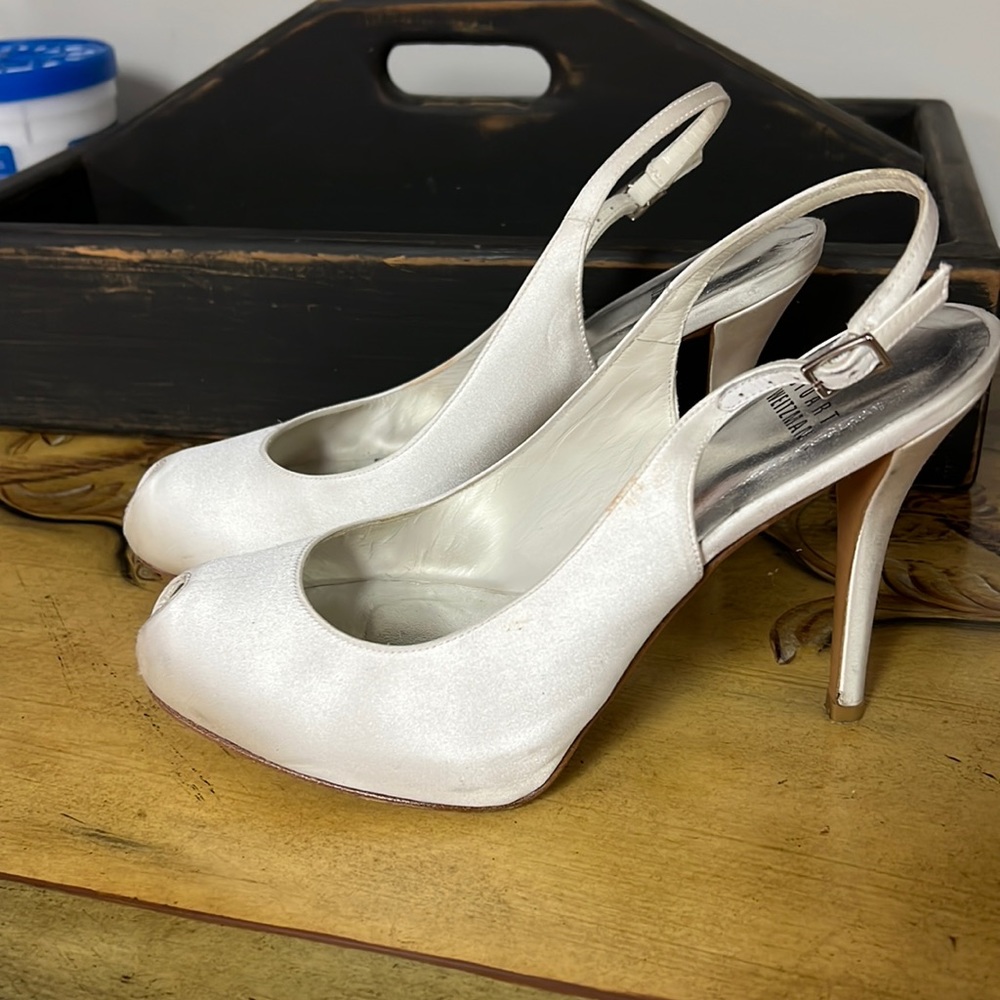 Stuart Weitzman White Satin Peep Toe Sling Back Heel